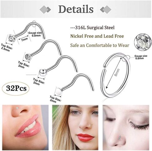 Longbeauty 32Pcs C-Shaped Nose Ring L-Shaped Nose Studs Bone Tragus Cartilage Hoop Rings Piercings 20g for Men Women in Kuwait