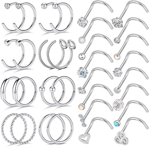 Longbeauty 32Pcs C-Shaped Nose Ring L-Shaped Nose Studs Bone Tragus Cartilage Hoop Rings Piercings 20g for Men Women in Kuwait