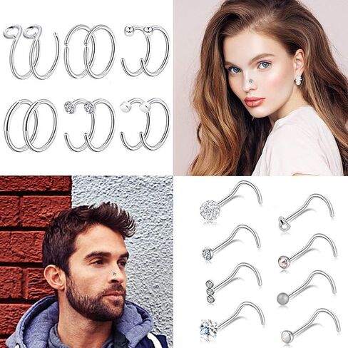 Longbeauty 32Pcs C-Shaped Nose Ring L-Shaped Nose Studs Bone Tragus Cartilage Hoop Rings Piercings 20g for Men Women in Kuwait