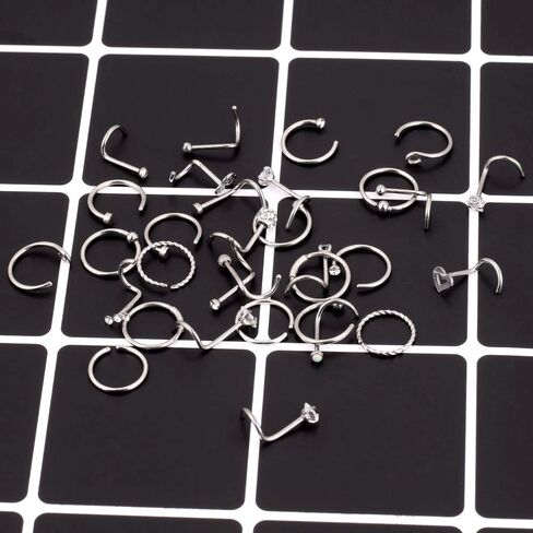 Longbeauty 32Pcs C-Shaped Nose Ring L-Shaped Nose Studs Bone Tragus Cartilage Hoop Rings Piercings 20g for Men Women in Kuwait