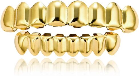 LKV Gold Grills for Your Teeth 14K Plated Gold Brass Tooth Set Shiny Hip Hop Grillz for Men and Women Gold Grillz Teeth with Extra Molding Bars in Saudi Arabia