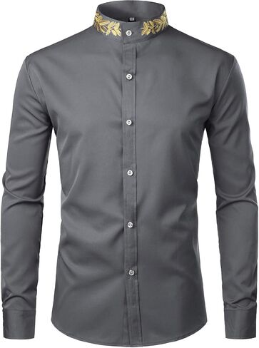 ZEROYAA Mens Hipster Gold Embroidery Mandarin Collar Slim Fit Long Sleeve Casual Dress Shirts in Saudi Arabia