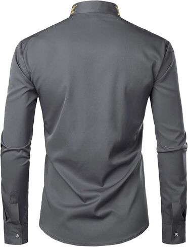 ZEROYAA Mens Hipster Gold Embroidery Mandarin Collar Slim Fit Long Sleeve Casual Dress Shirts in Saudi Arabia