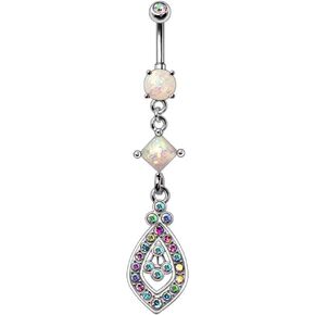 Amelia Fashion 14GA Opal & Aurora Teardrop Externally Threaded Belly Button Ring Dangle Belly Button/Navel Ring Double Jeweled 316L Surgical Steel in Saudi Arabia