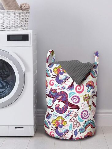 Ambesonne Alice in Wonderland Laundry Bag, Fantasy World Concept Hand-Drawn Caterpillar Cat Rabbit, Hamper Basket with Handles Drawstring Closure for Laundromats, 13" x 19", Multicolor in Kuwait