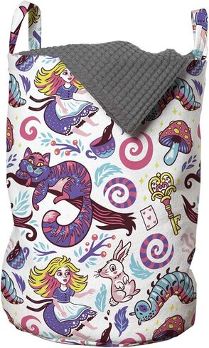 Ambesonne Alice in Wonderland Laundry Bag, Fantasy World Concept Hand-Drawn Caterpillar Cat Rabbit, Hamper Basket with Handles Drawstring Closure for Laundromats, 13" x 19", Multicolor in Kuwait