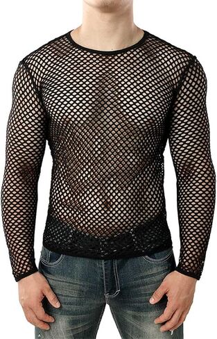 Mens Transparent Sexy Mesh T Shirt Through Fishnet Long Sleeve Undershirts Nightclub Party Perform Top Tees in Saudi Arabia