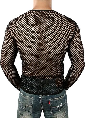 Mens Transparent Sexy Mesh T Shirt Through Fishnet Long Sleeve Undershirts Nightclub Party Perform Top Tees in Saudi Arabia