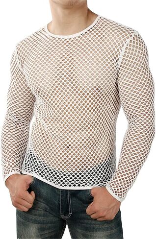 Mens Transparent Sexy Mesh T Shirt Through Fishnet Long Sleeve Undershirts Nightclub Party Perform Top Tees in Saudi Arabia