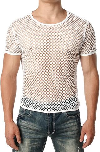 Mens Transparent Sexy Mesh T Shirt Through Fishnet Long Sleeve Undershirts Nightclub Party Perform Top Tees in Saudi Arabia