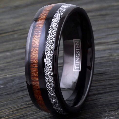 King's Cross Awesome Unique 6mm/8mm Polished Piano Black Tungsten Carbide Low Dome Band Ring with Dazzling Faux Meteorite & Cool Koa Wood Inlays feat. Comfort Fit Inner Band. in Saudi Arabia