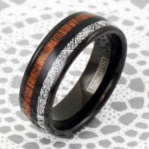 King's Cross Awesome Unique 6mm/8mm Polished Piano Black Tungsten Carbide Low Dome Band Ring with Dazzling Faux Meteorite & Cool Koa Wood Inlays feat. Comfort Fit Inner Band. in Saudi Arabia