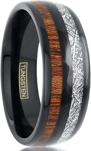 King's Cross Awesome Unique 6mm/8mm Polished Piano Black Tungsten Carbide Low Dome Band Ring with Dazzling Faux Meteorite & Cool Koa Wood Inlays feat. Comfort Fit Inner Band. in Saudi Arabia