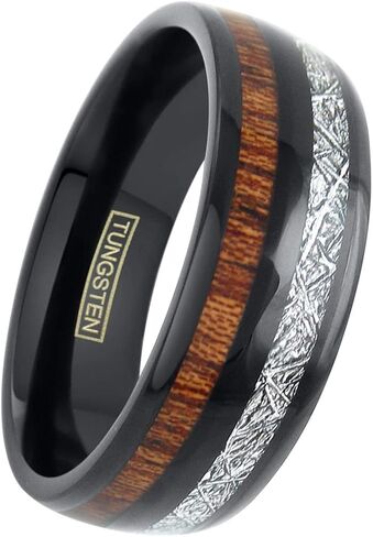 King's Cross Awesome Unique 6mm/8mm Polished Piano Black Tungsten Carbide Low Dome Band Ring with Dazzling Faux Meteorite & Cool Koa Wood Inlays feat. Comfort Fit Inner Band. in Saudi Arabia