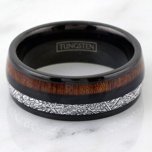 King's Cross Awesome Unique 6mm/8mm Polished Piano Black Tungsten Carbide Low Dome Band Ring with Dazzling Faux Meteorite & Cool Koa Wood Inlays feat. Comfort Fit Inner Band. in Saudi Arabia