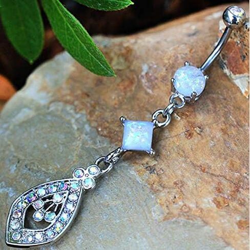 Amelia Fashion 14GA Opal & Aurora Teardrop Externally Threaded Belly Button Ring Dangle Belly Button/Navel Ring Double Jeweled 316L Surgical Steel in Saudi Arabia