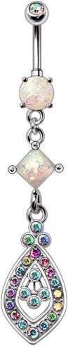 Amelia Fashion 14GA Opal & Aurora Teardrop Externally Threaded Belly Button Ring Dangle Belly Button/Navel Ring Double Jeweled 316L Surgical Steel in Saudi Arabia