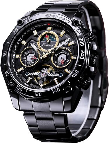 Forsining Mens Tourbillon Automatic Mechanical Self-Wind Luxury Moon Phase Stainless Steel 44mm Big Black Dial Wrist Watch in Kuwait