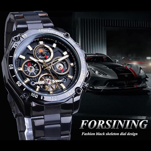 Forsining Mens Tourbillon Automatic Mechanical Self-Wind Luxury Moon Phase Stainless Steel 44mm Big Black Dial Wrist Watch in Kuwait