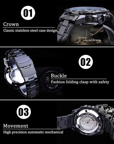 Forsining Mens Tourbillon Automatic Mechanical Self-Wind Luxury Moon Phase Stainless Steel 44mm Big Black Dial Wrist Watch in Kuwait