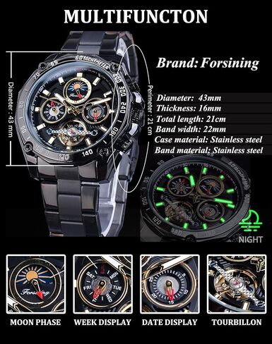 Forsining Mens Tourbillon Automatic Mechanical Self-Wind Luxury Moon Phase Stainless Steel 44mm Big Black Dial Wrist Watch in Kuwait