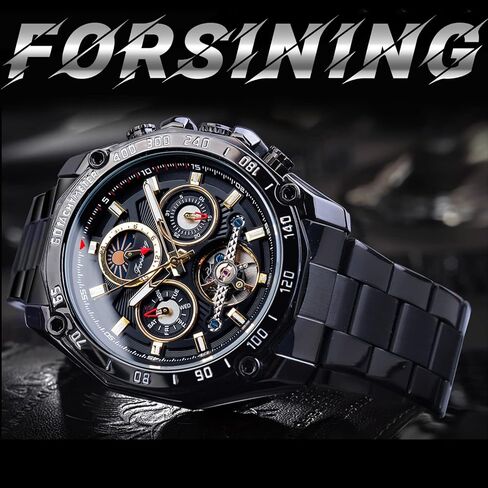 Forsining Mens Tourbillon Automatic Mechanical Self-Wind Luxury Moon Phase Stainless Steel 44mm Big Black Dial Wrist Watch in Kuwait