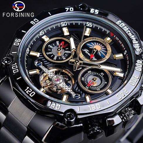 Forsining Mens Tourbillon Automatic Mechanical Self-Wind Luxury Moon Phase Stainless Steel 44mm Big Black Dial Wrist Watch in Kuwait
