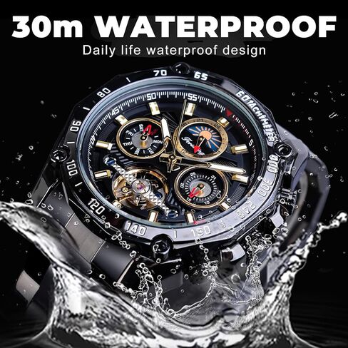 Forsining Mens Tourbillon Automatic Mechanical Self-Wind Luxury Moon Phase Stainless Steel 44mm Big Black Dial Wrist Watch in Kuwait