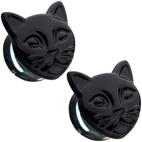 Pierced Owl - Black Cat Face Double Flared Glass Plugs, Sold as a Pair in Kuwait