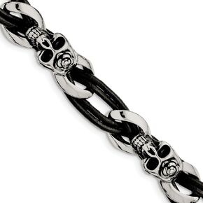 Solid Stainless Steel Skulls/Roses Black Leather Bracelet - with Secure Lobster Lock Clasp 8" (Width = 12mm) in Kuwait