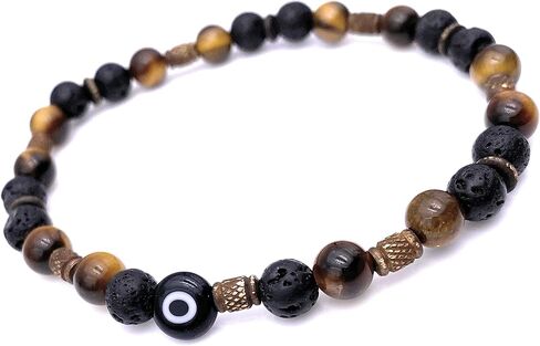 Men Evil Eye Protection Stone Lava Beaded Stretch Bracelet -Yellow / Black - Dispelling Fear and Anxiety in Saudi Arabia
