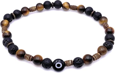 Men Evil Eye Protection Stone Lava Beaded Stretch Bracelet -Yellow / Black - Dispelling Fear and Anxiety in Saudi Arabia