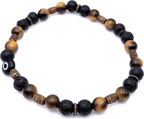 Men Evil Eye Protection Stone Lava Beaded Stretch Bracelet -Yellow / Black - Dispelling Fear and Anxiety in Saudi Arabia