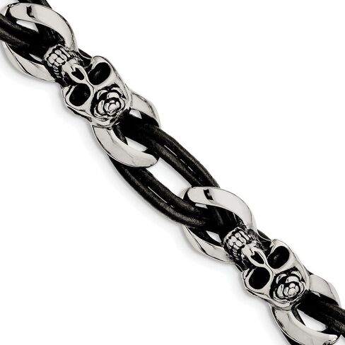 Solid Stainless Steel Skulls/Roses Black Leather Bracelet - with Secure Lobster Lock Clasp 8" (Width = 12mm) in Kuwait