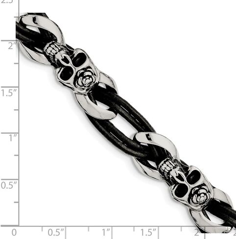 Solid Stainless Steel Skulls/Roses Black Leather Bracelet - with Secure Lobster Lock Clasp 8" (Width = 12mm) in Kuwait