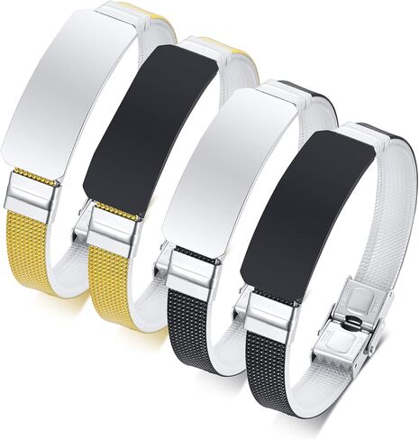 MZZJ Free Engraved Drug Food Allergy Name DOB Emergency Contact Message Medical Alert ID SOS Bracelet Two-Tone Stainless Steel Mesh Bracelet Cuff Bangle Wristband for Adult Teens,8.07" in Kuwait