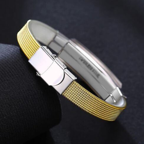 MZZJ Free Engraved Drug Food Allergy Name DOB Emergency Contact Message Medical Alert ID SOS Bracelet Two-Tone Stainless Steel Mesh Bracelet Cuff Bangle Wristband for Adult Teens,8.07" in Kuwait