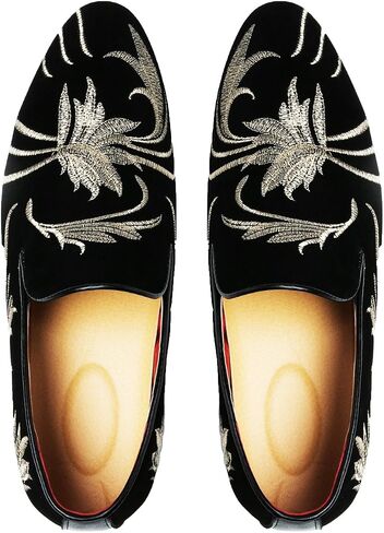 Santimon Mens Loafers and Slip on Smoking Slipper Moccasins Embroidery Suede Casual Dress Shoes Black in Saudi Arabia