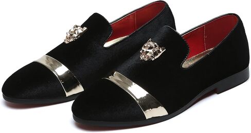 Mens Velvet Loafers Slippers with Gold Buckle Wedding Dress Shoes Slip-on Smoking Flats Black Blue Red in Saudi Arabia