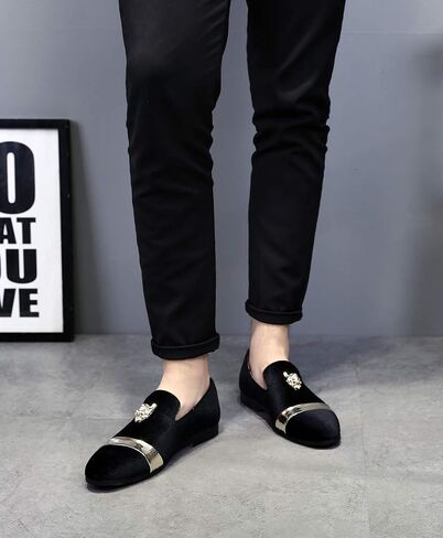 Mens Velvet Loafers Slippers with Gold Buckle Wedding Dress Shoes Slip-on Smoking Flats Black Blue Red in Saudi Arabia