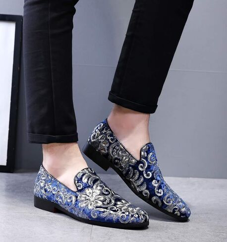 Santimon Mens Loafers Velvet Sequins Embroidered Smoking Slippers Dress Shoes Wedding Moccasins Slip-on Flats in Saudi Arabia
