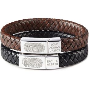 RUGGEDGIFTS Personalized Fingerprint Bracelet, Leather Memorial Bracelet, Thumbprint Jewelry, Sympathy Gifts for Him, Engraved Men Bracelet, Christmas Gifts for Men Boyfriend Husband in Saudi Arabia
