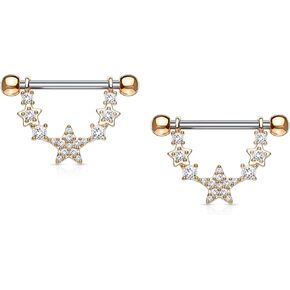 Forbidden Body Jewelry Pair of Surgical Steel 9/16 Inch (14mm) D-Ring Style Pave CZ Star Chain Dangle Nipple Barbells in Saudi Arabia