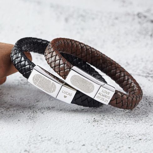 RUGGEDGIFTS Personalized Fingerprint Bracelet, Leather Memorial Bracelet, Thumbprint Jewelry, Sympathy Gifts for Him, Engraved Men Bracelet, Christmas Gifts for Men Boyfriend Husband in Saudi Arabia