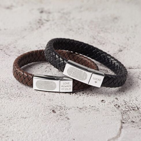 RUGGEDGIFTS Personalized Fingerprint Bracelet, Leather Memorial Bracelet, Thumbprint Jewelry, Sympathy Gifts for Him, Engraved Men Bracelet, Christmas Gifts for Men Boyfriend Husband in Saudi Arabia