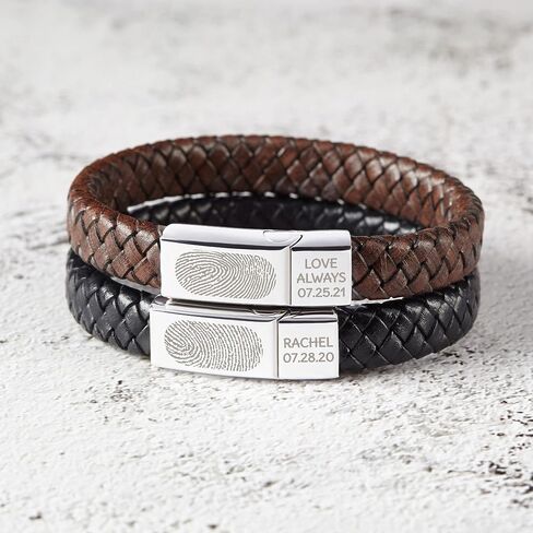 RUGGEDGIFTS Personalized Fingerprint Bracelet, Leather Memorial Bracelet, Thumbprint Jewelry, Sympathy Gifts for Him, Engraved Men Bracelet, Christmas Gifts for Men Boyfriend Husband in Saudi Arabia