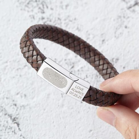 RUGGEDGIFTS Personalized Fingerprint Bracelet, Leather Memorial Bracelet, Thumbprint Jewelry, Sympathy Gifts for Him, Engraved Men Bracelet, Christmas Gifts for Men Boyfriend Husband in Saudi Arabia