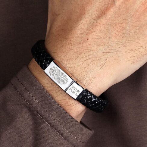 RUGGEDGIFTS Personalized Fingerprint Bracelet, Leather Memorial Bracelet, Thumbprint Jewelry, Sympathy Gifts for Him, Engraved Men Bracelet, Christmas Gifts for Men Boyfriend Husband in Saudi Arabia