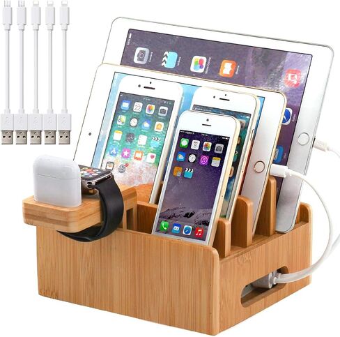 Pezin & Hulin Cell Phone Charging Stations, Bamboo Dock Organizer for Multi Devices, Tablets, Smart Watch, with Pack 5 Cables, No Power Charger Supply in Saudi Arabia
