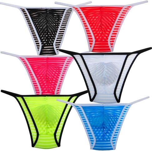 Jaxu Men's See Through Cheeky Briefs Underwear Sexy Stripe Mesh String Bikini Briefs in Kuwait